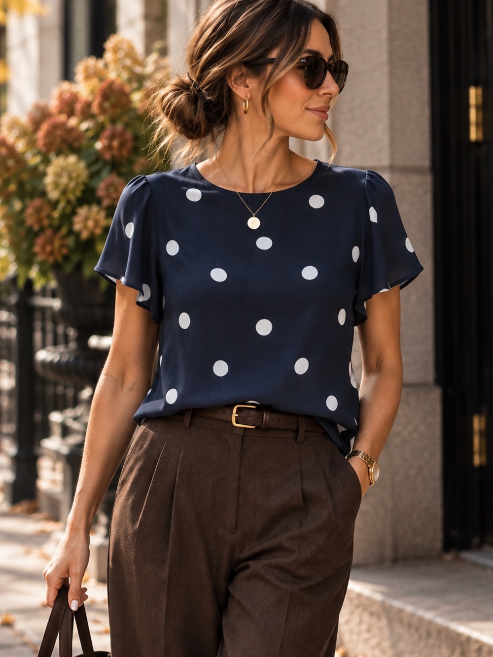 LOFT Navy White Polka Dot Flutter Sleeve Blouse Button Back Size S